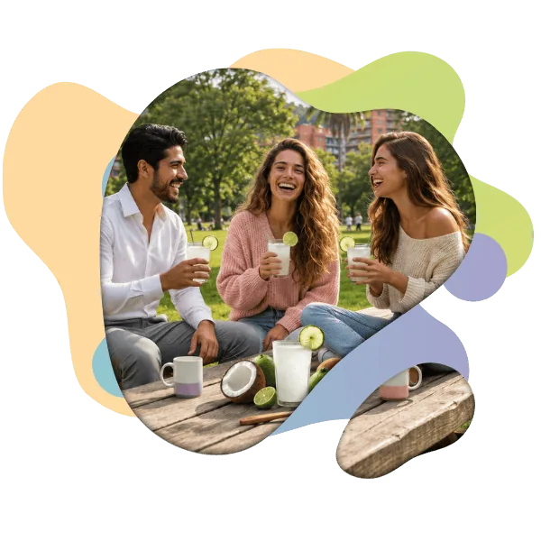 Amigos compartiendo bebidas Hessai al aire libre